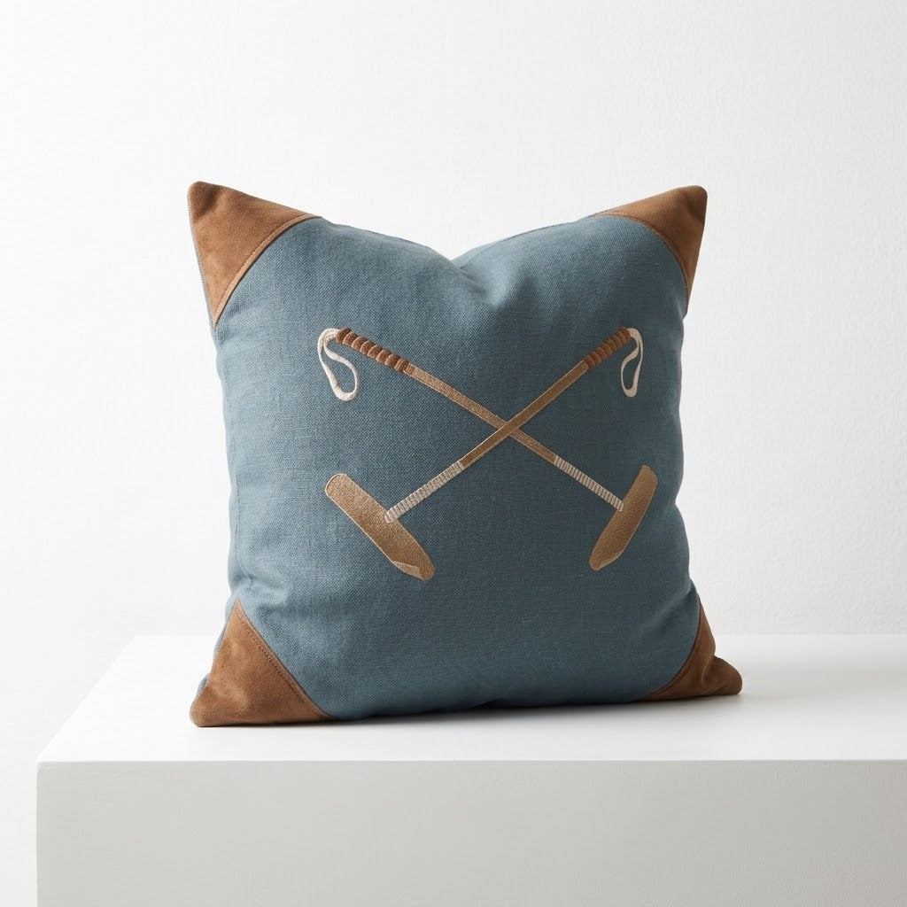 20x20 Embroidered Crossed Polo Mallets Pillow Blue