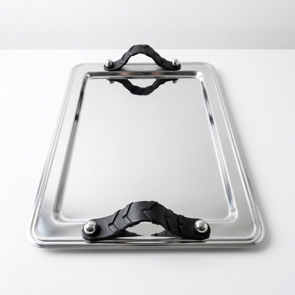 Rectangular Tray Stainless Steel with Leather Handles