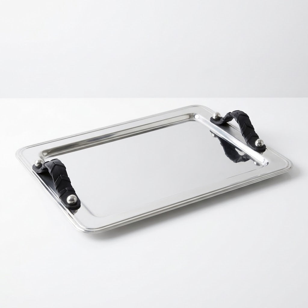 Rectangular Tray Stainless Steel with Leather Handles