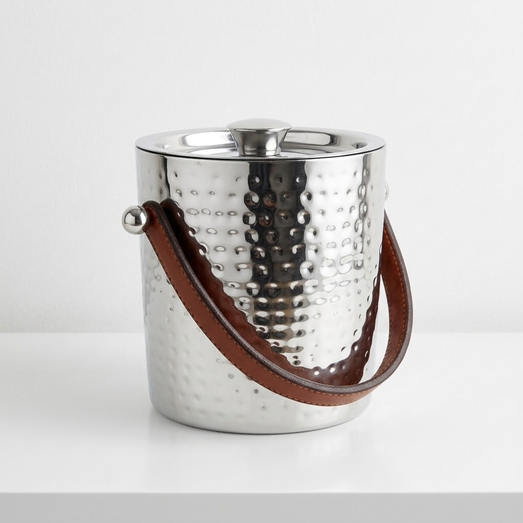 Small Hammered Ice Bucket Stainless Steel with Leather Handles