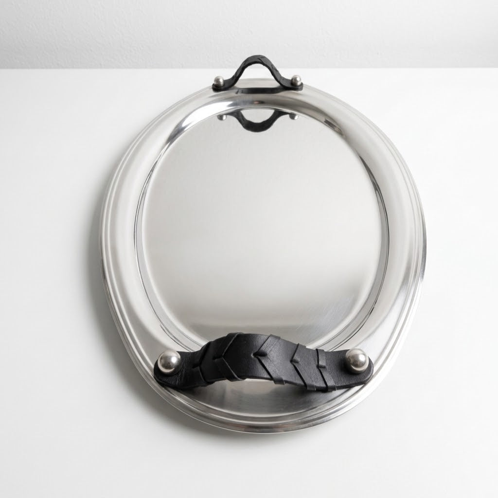 Oval Tray Stainless Steel with Woven Leather Handles
