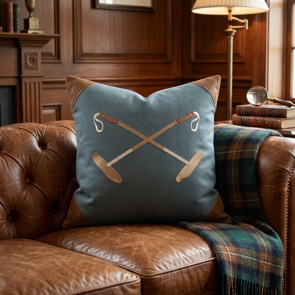 20x20 Embroidered Crossed Polo Mallets Pillow Blue