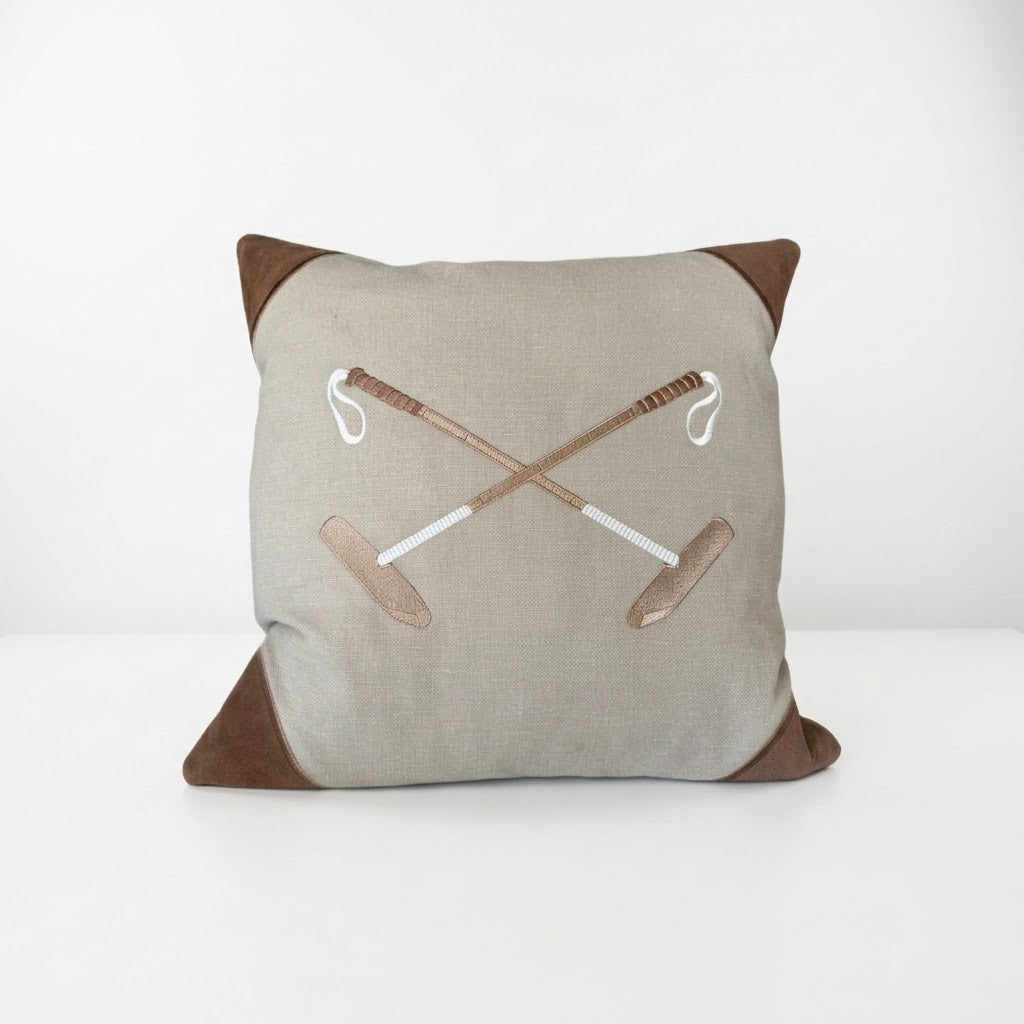 20x20 Embroidered Crossed Polo Mallets Pillow Tan