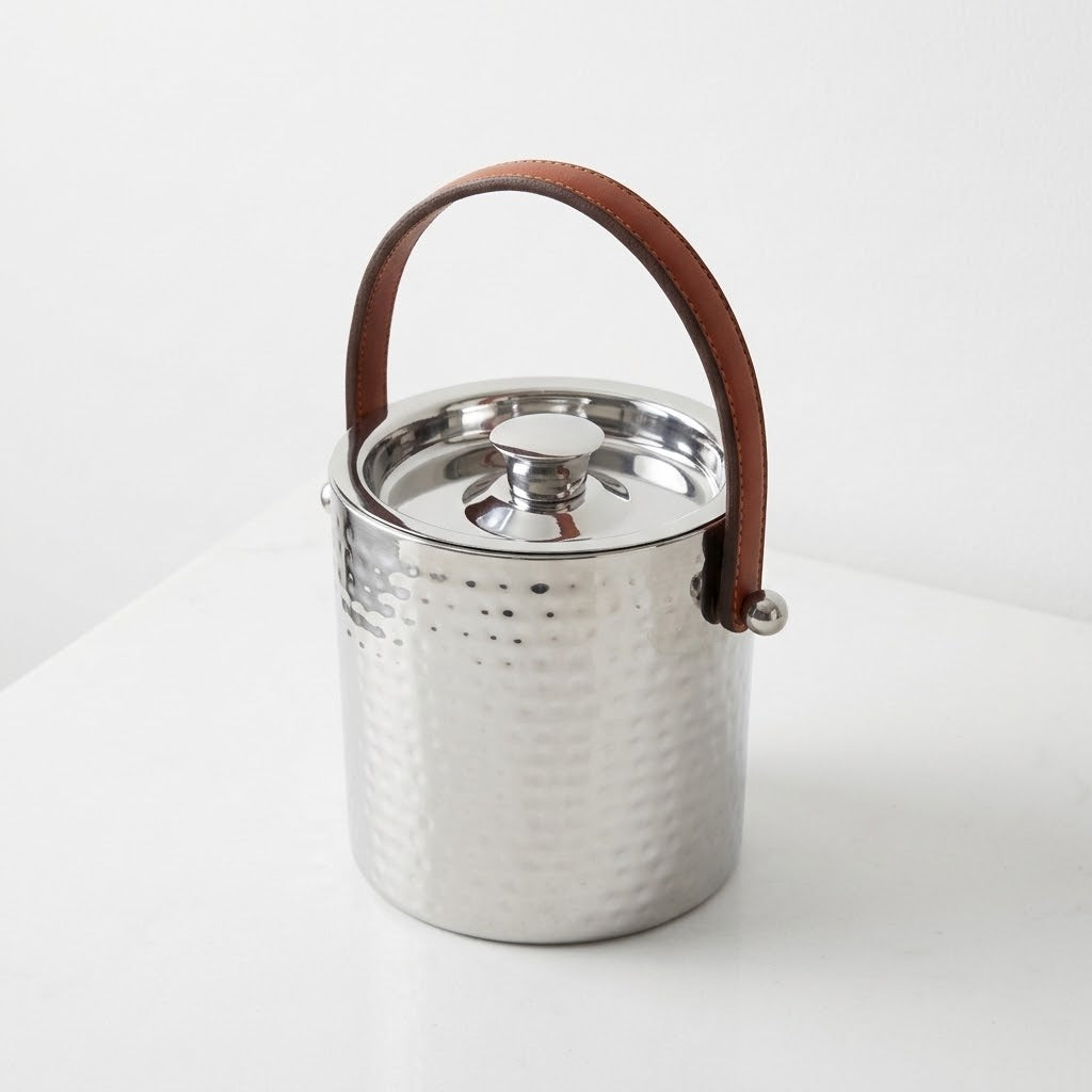 Small Hammered Ice Bucket Stainless Steel with Leather Handles
