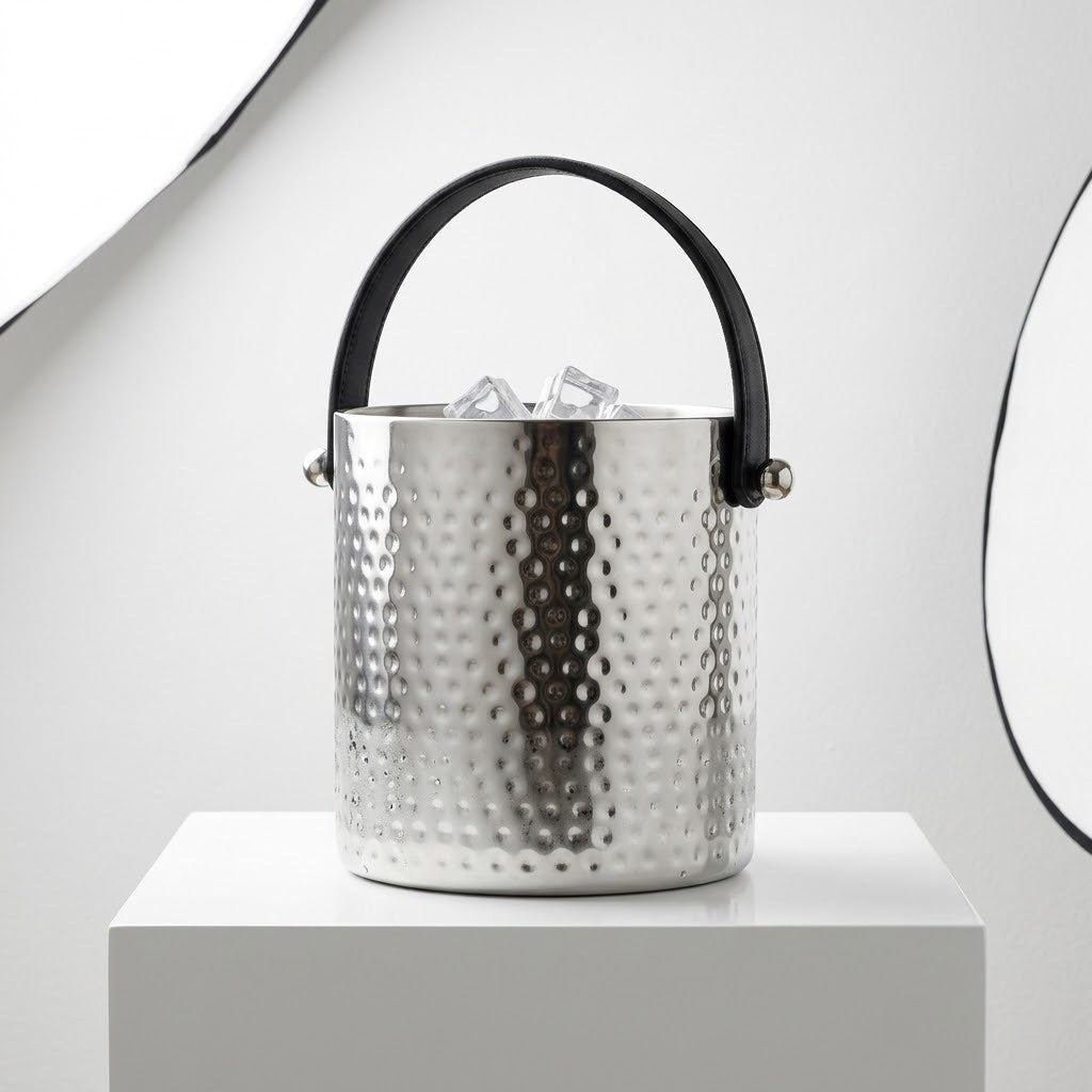 Large Hammered Ice Bucket Stainless Steel with Leather Handles