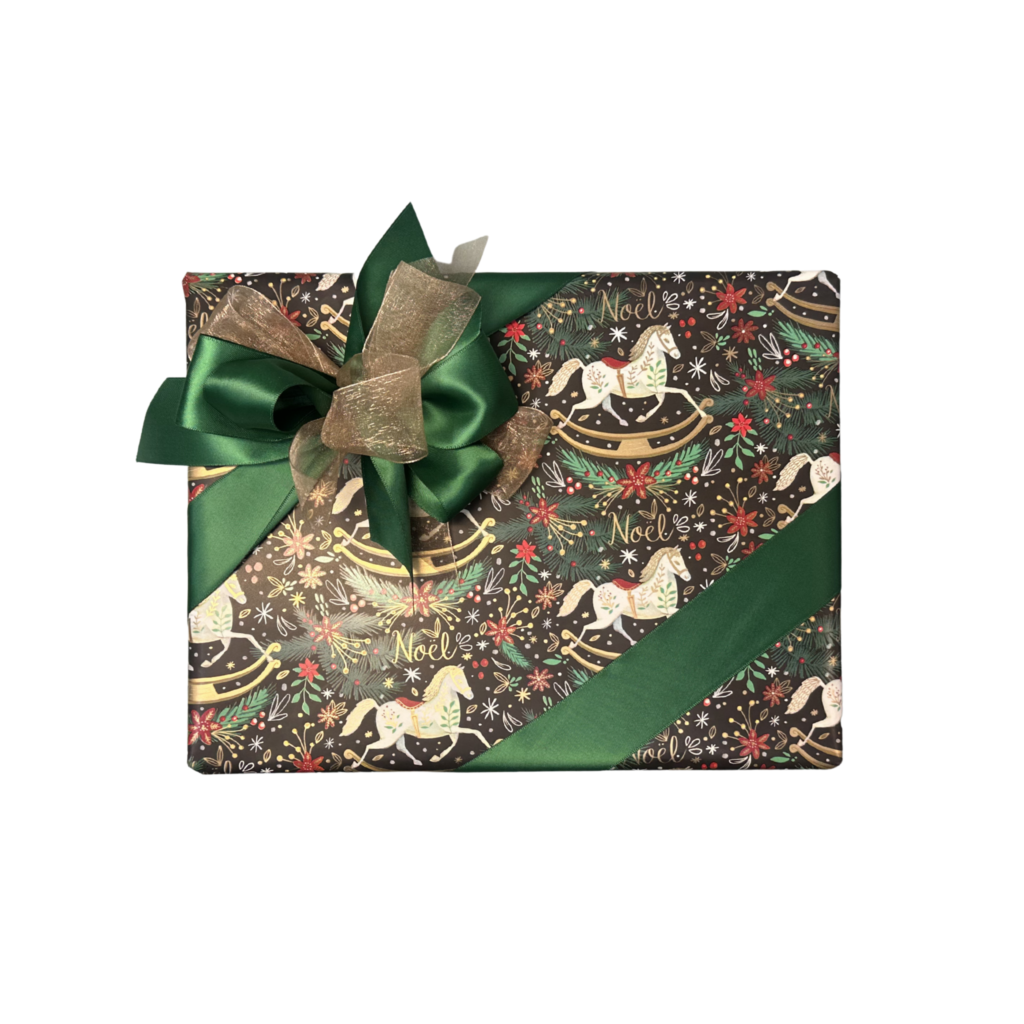 Christmas Rocking Horse Wrapping with Green Ribbon