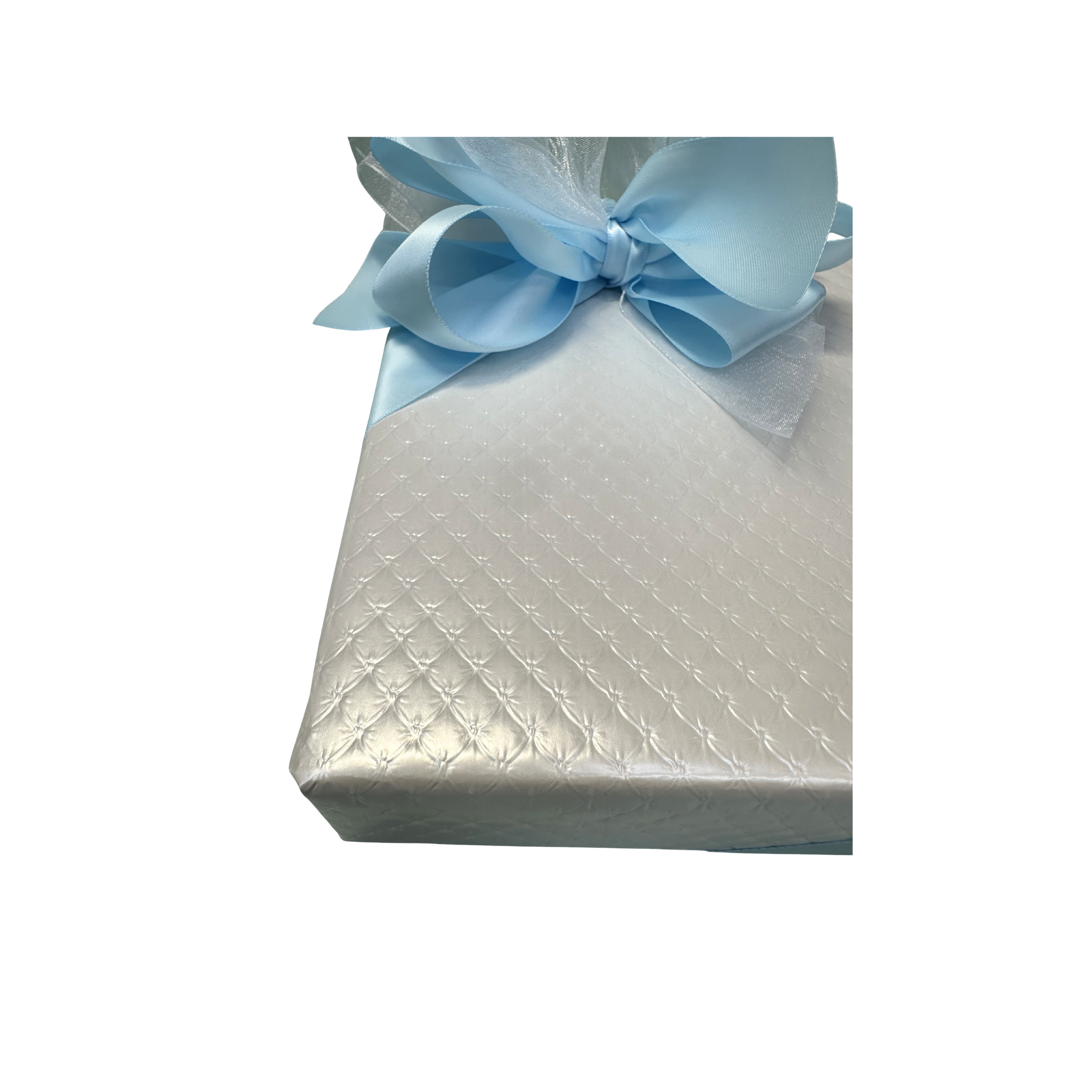 White Quilted Wrapping with Blue Ribbon