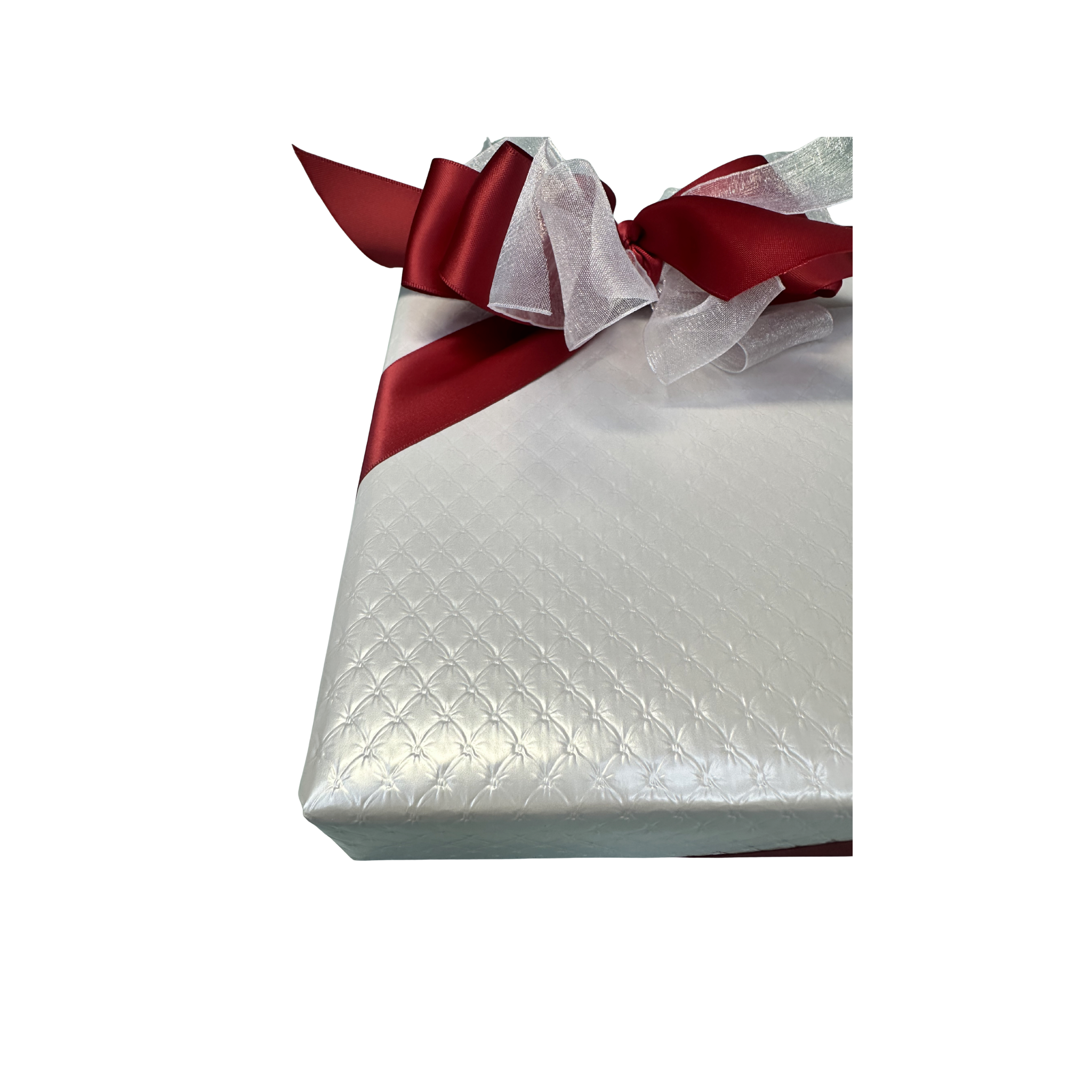 White Quilted Wrapping with Red Ribbon