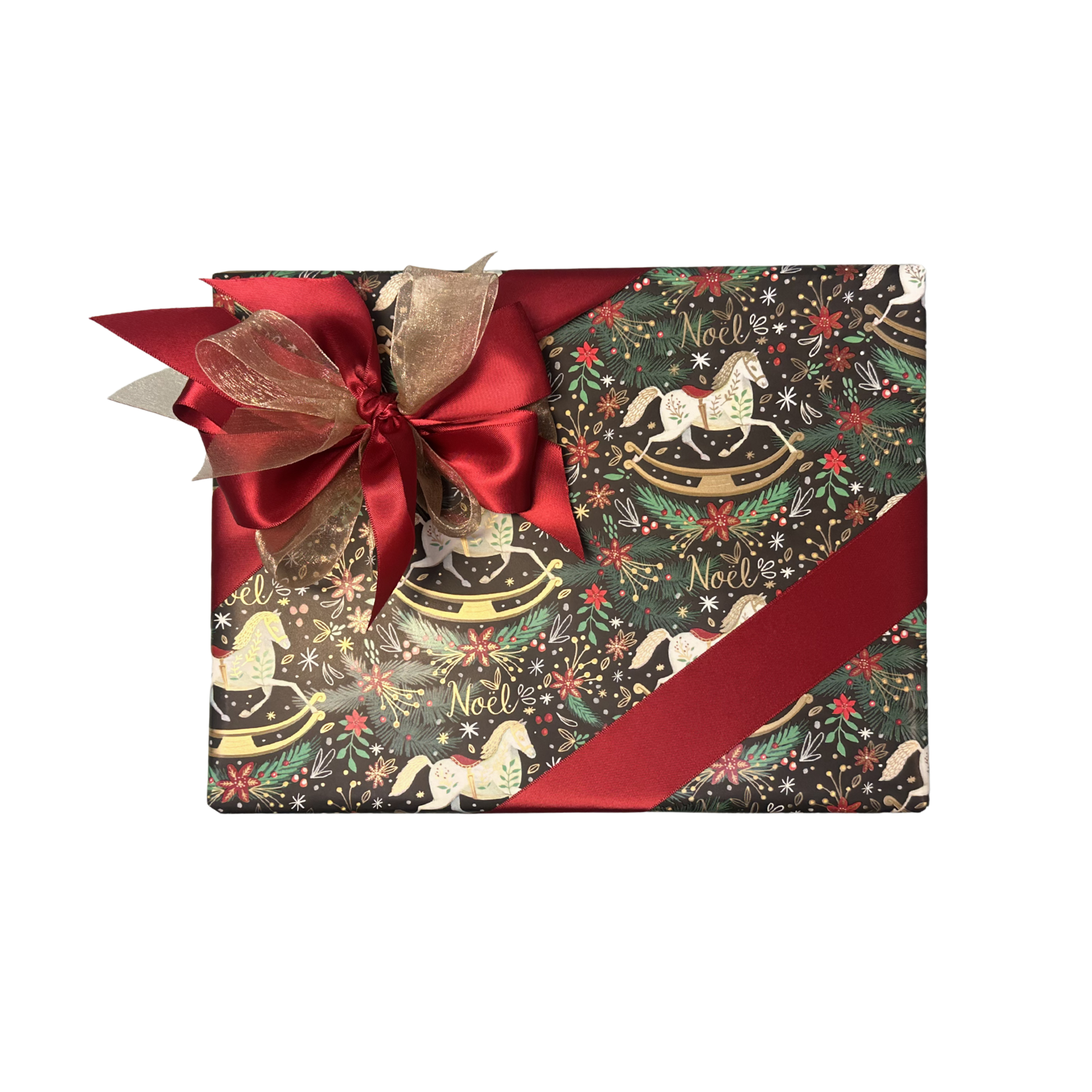 Christmas Rocking Horse Wrapping with Red Ribbon