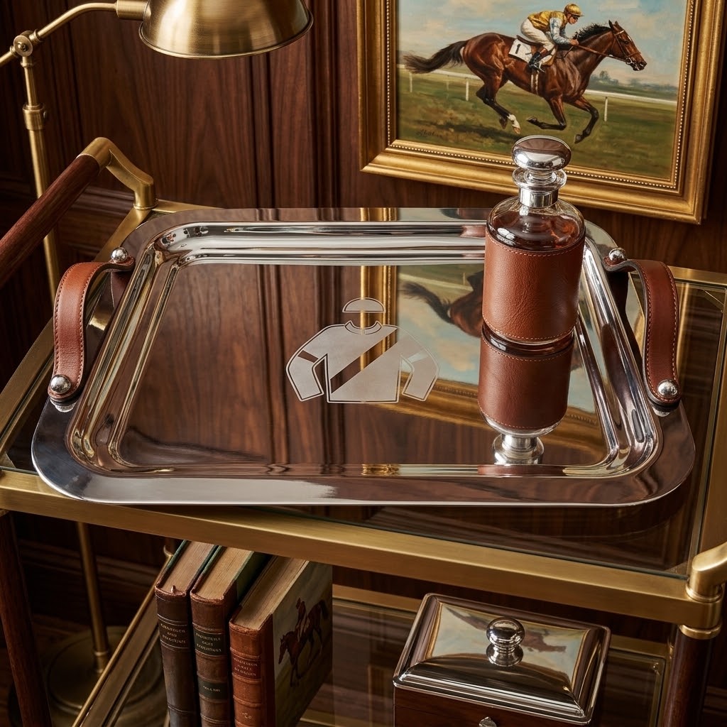 Jockey Silk Engraved Rectangular Tray Stainless Steel with Leather Handles