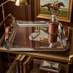 Jockey Silk Engraved Rectangular Tray Stainless Steel with Leather Handles