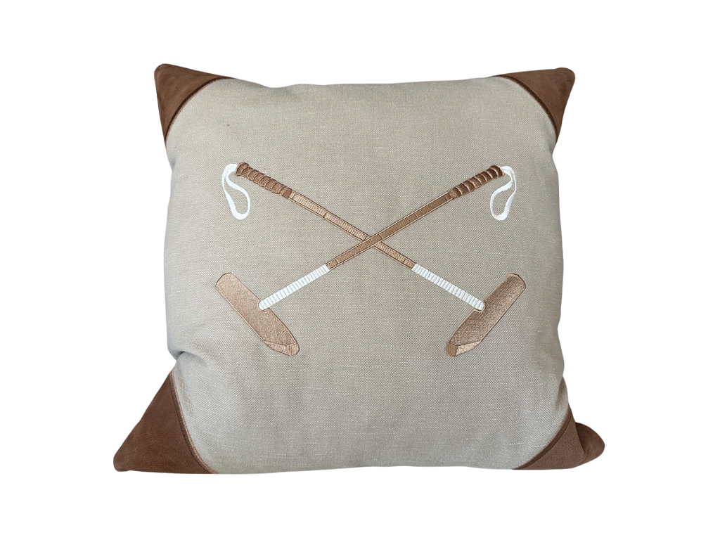20x20 Embroidered Crossed Polo Mallets Pillow Tan