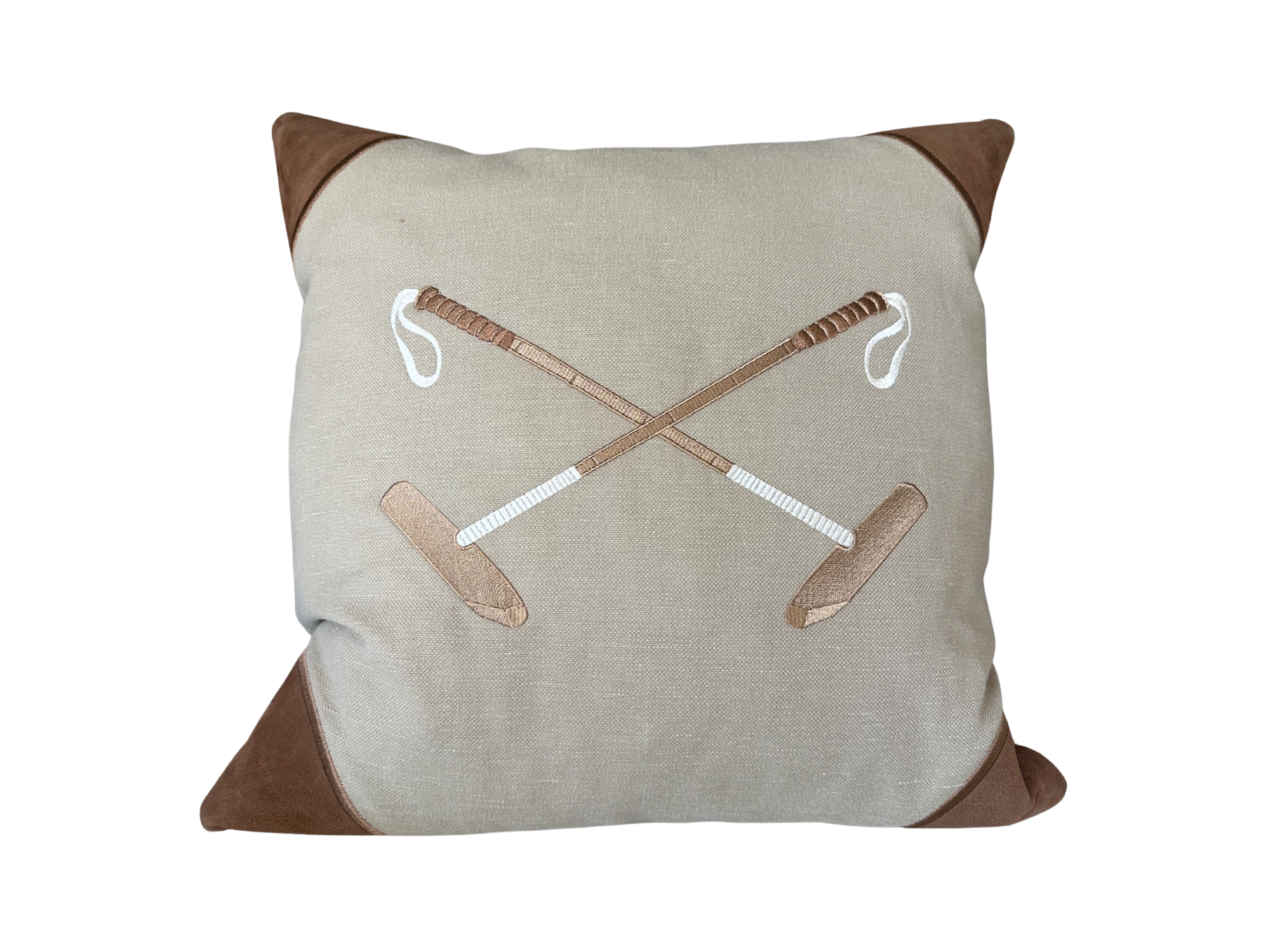 20x20 Embroidered Crossed Polo Mallets Pillow Tan