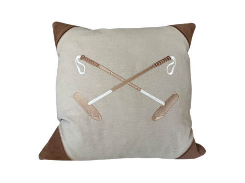 20x20 Embroidered Crossed Polo Mallets Pillow Tan