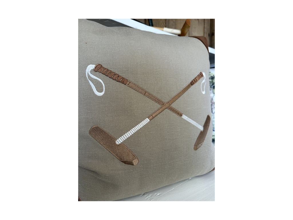 20x20 Embroidered Crossed Polo Mallets Pillow Tan
