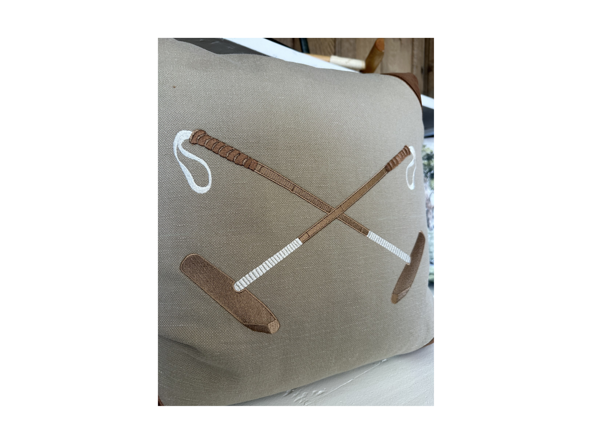 20x20 Embroidered Crossed Polo Mallets Pillow Tan