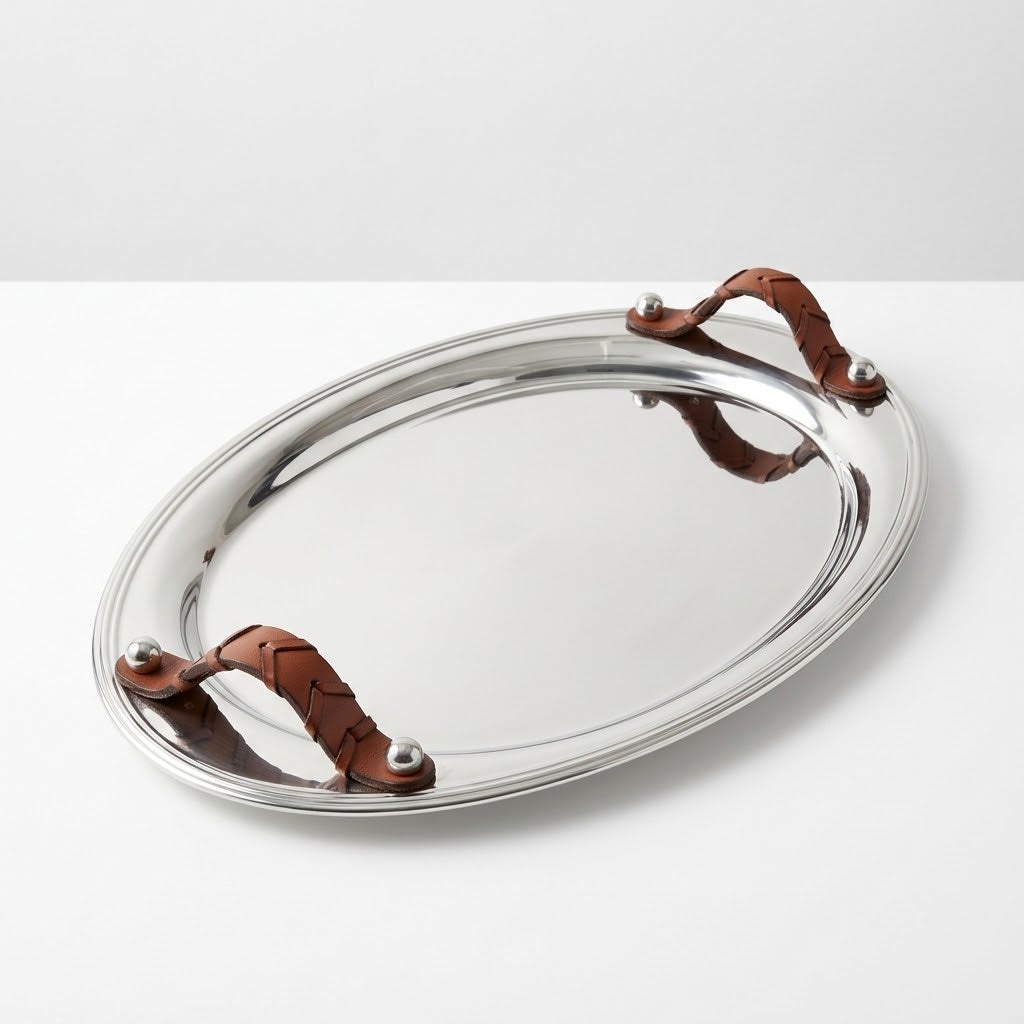 Oval Tray Stainless Steel with Woven Leather Handles