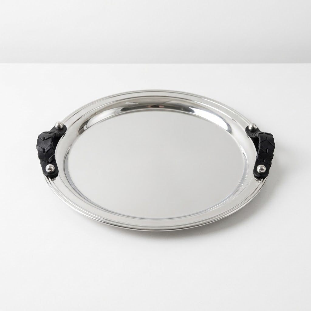 Round Tray Stainless Steel with Leather Handles