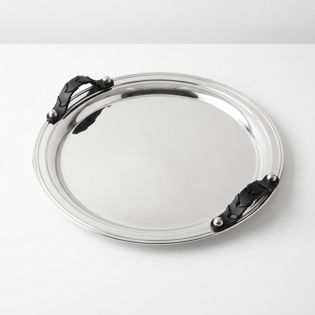 Round Tray Stainless Steel with Leather Handles