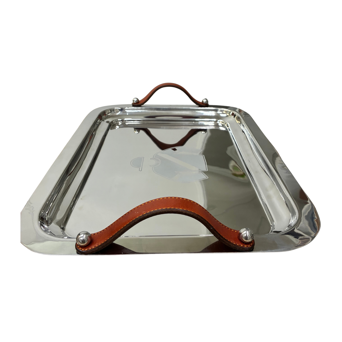 Jockey Silk Engraved Rectangular Tray Stainless Steel with Leather Handles