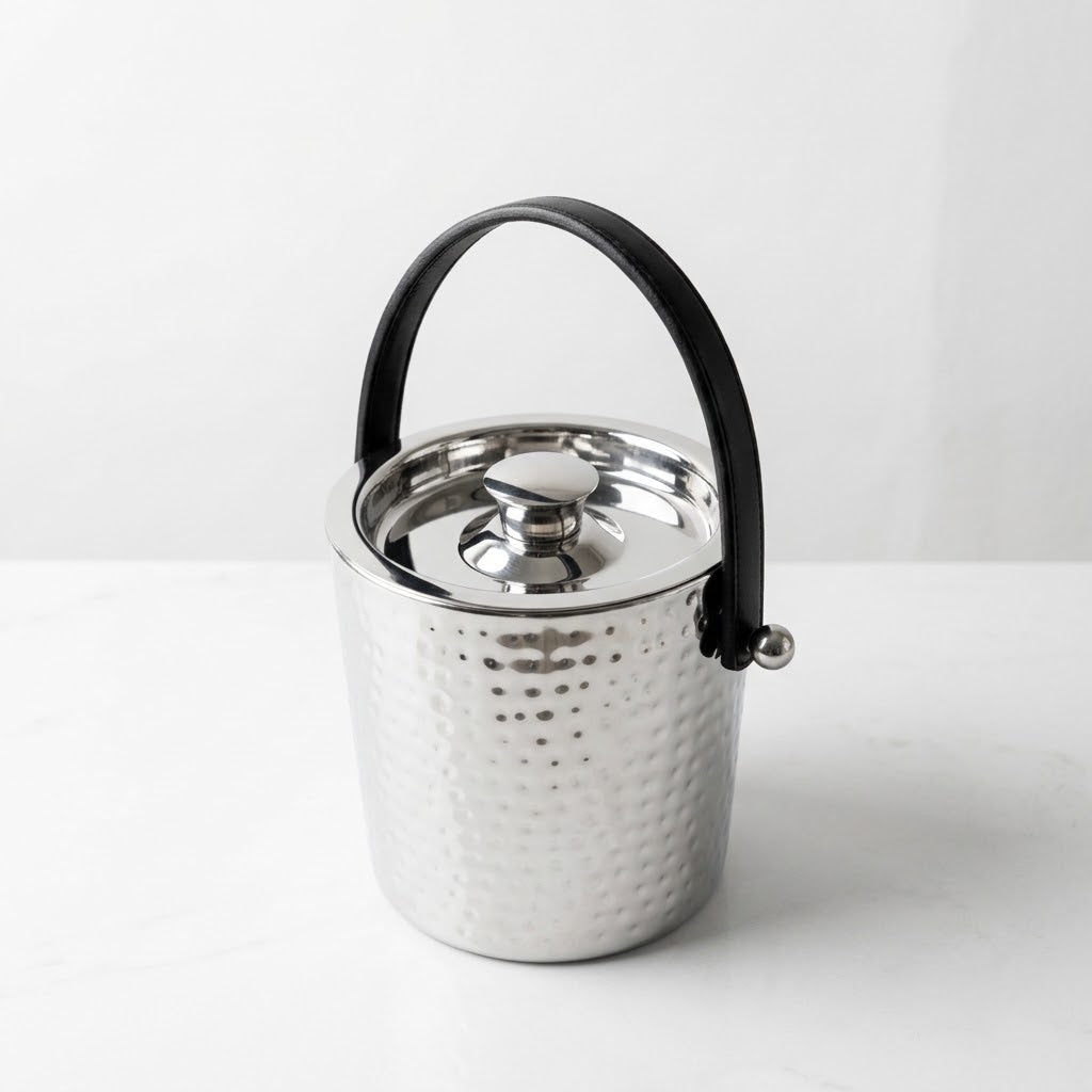 Small Hammered Ice Bucket Stainless Steel with Leather Handles
