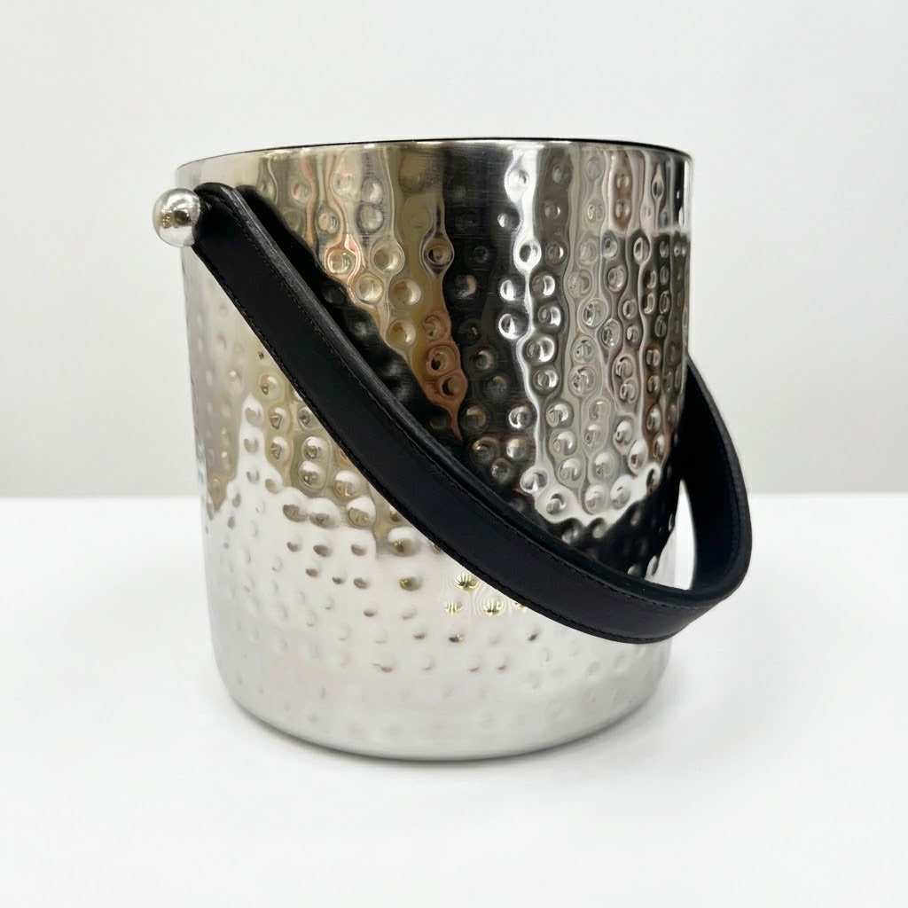 Large Hammered Ice Bucket Stainless Steel with Leather Handles
